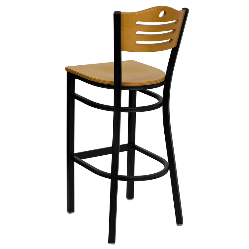 SINGLEWAVE Series Black Slat Back Metal Restaurant Barstool - Natural Wood Back & Seat