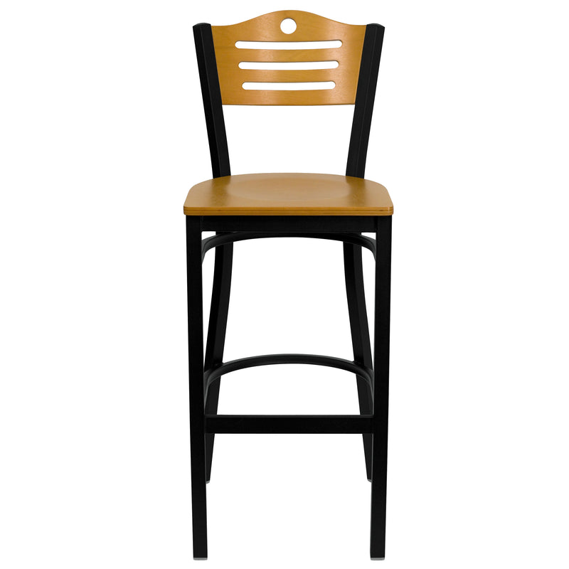 SINGLEWAVE Series Black Slat Back Metal Restaurant Barstool - Natural Wood Back & Seat