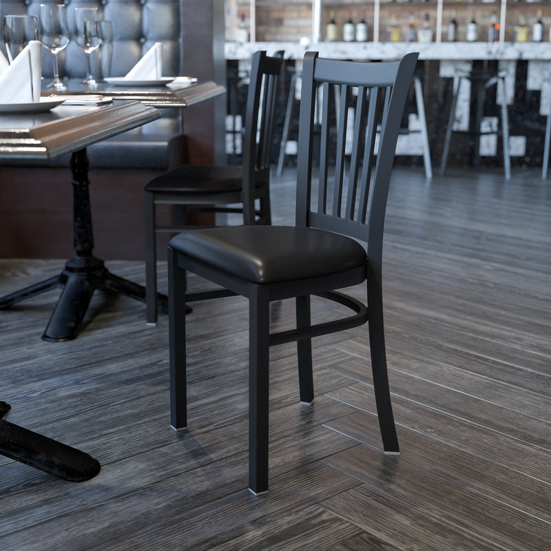 SINGLEWAVE Series Black Vertical Back Metal Restaurant Chair - Black Vinyl Seat