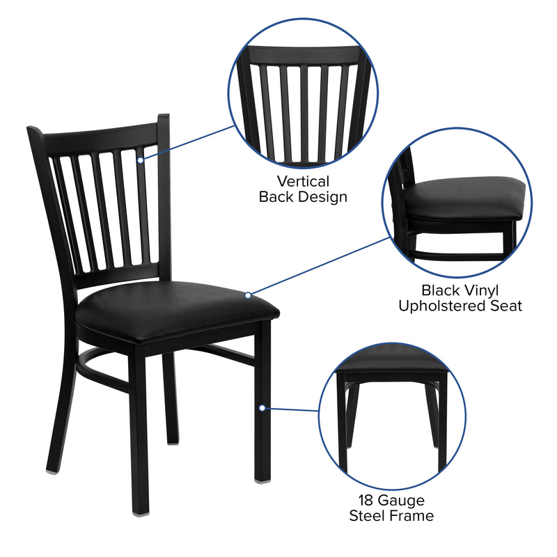 SINGLEWAVE Series Black Vertical Back Metal Restaurant Chair - Black Vinyl Seat