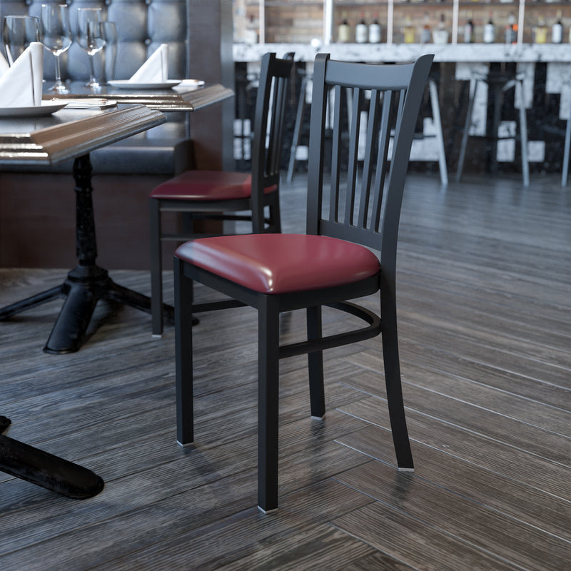 SINGLEWAVE Series Black Vertical Back Metal Restaurant Chair - Burgundy Vinyl Seat