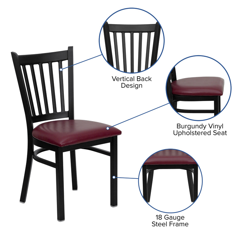 SINGLEWAVE Series Black Vertical Back Metal Restaurant Chair - Burgundy Vinyl Seat