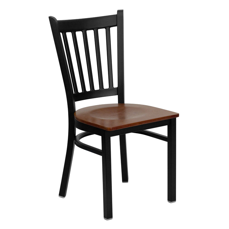 SINGLEWAVE Series Black Vertical Back Metal Restaurant Chair - Cherry Wood Seat