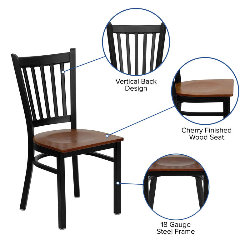 SINGLEWAVE Series Black Vertical Back Metal Restaurant Chair - Cherry Wood Seat