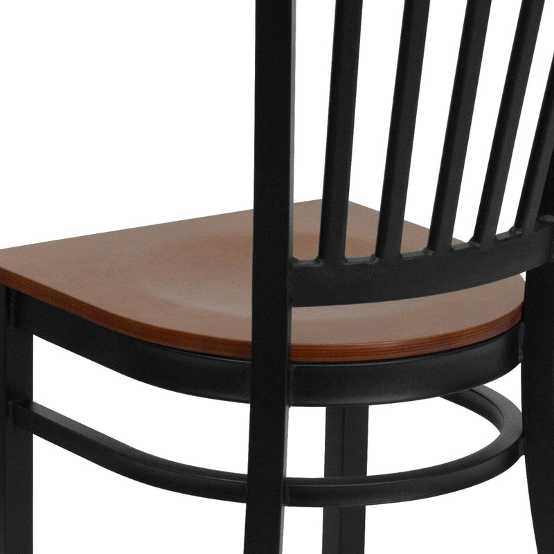 SINGLEWAVE Series Black Vertical Back Metal Restaurant Chair - Cherry Wood Seat