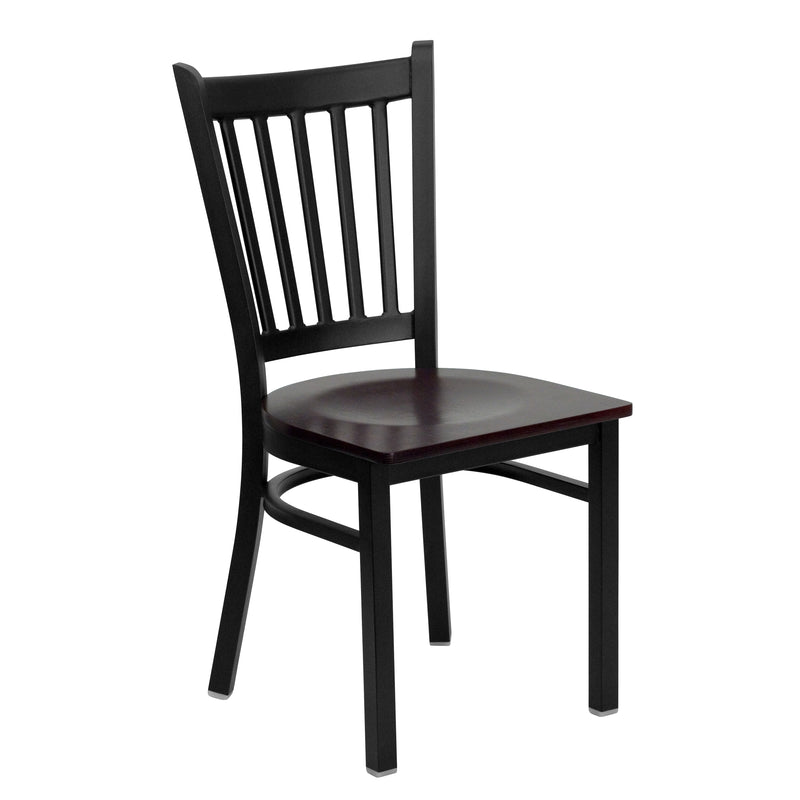 SINGLEWAVE Series Black Vertical Back Metal Restaurant Chair - Mahogany Wood Seat