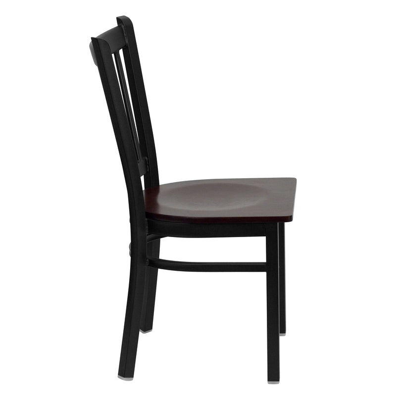 SINGLEWAVE Series Black Vertical Back Metal Restaurant Chair - Mahogany Wood Seat