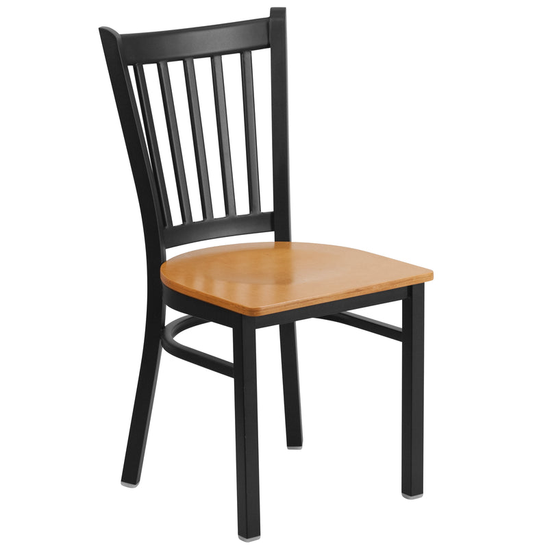 SINGLEWAVE Series Black Vertical Back Metal Restaurant Chair - Natural Wood Seat