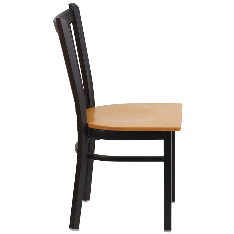 SINGLEWAVE Series Black Vertical Back Metal Restaurant Chair - Natural Wood Seat