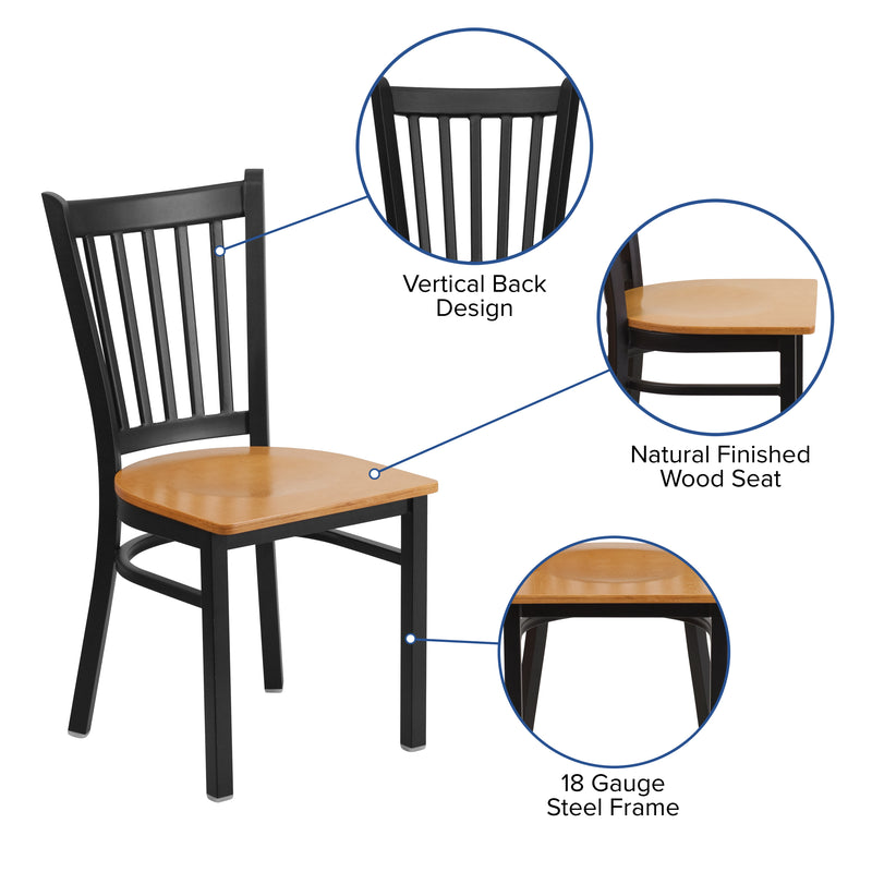 SINGLEWAVE Series Black Vertical Back Metal Restaurant Chair - Natural Wood Seat