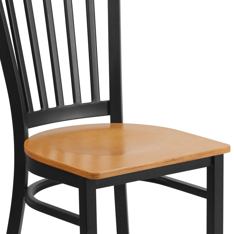 SINGLEWAVE Series Black Vertical Back Metal Restaurant Chair - Natural Wood Seat