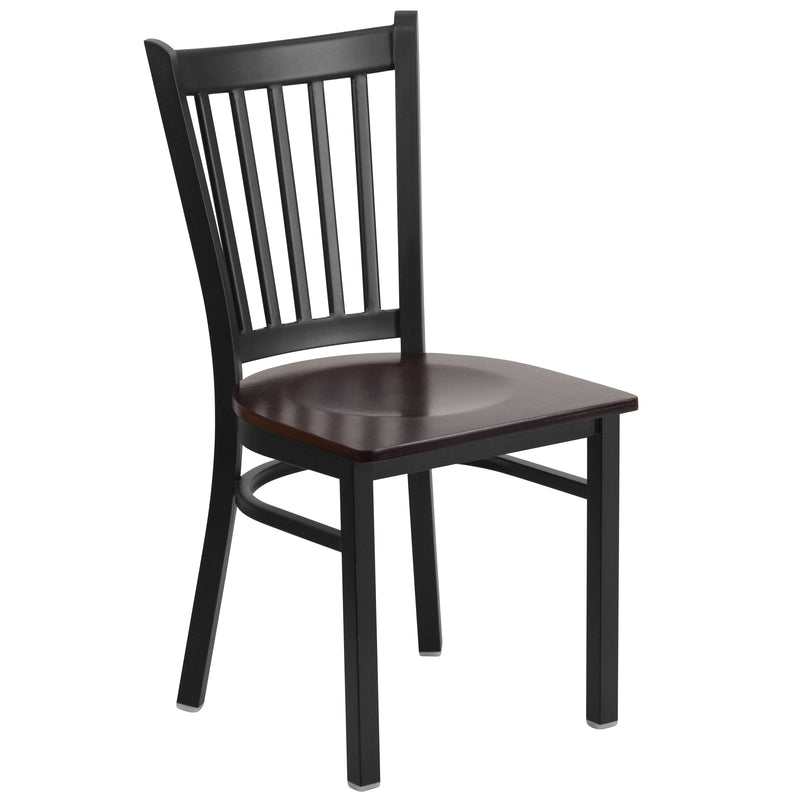 SINGLEWAVE Series Black Vertical Back Metal Restaurant Chair - Walnut Wood Seat