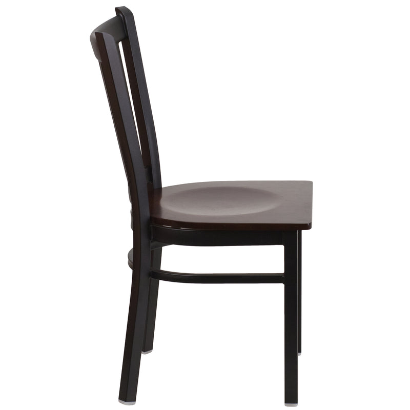 SINGLEWAVE Series Black Vertical Back Metal Restaurant Chair - Walnut Wood Seat