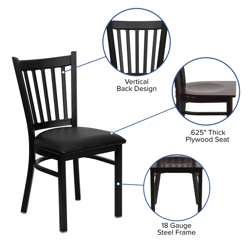 SINGLEWAVE Series Black Vertical Back Metal Restaurant Chair - Walnut Wood Seat