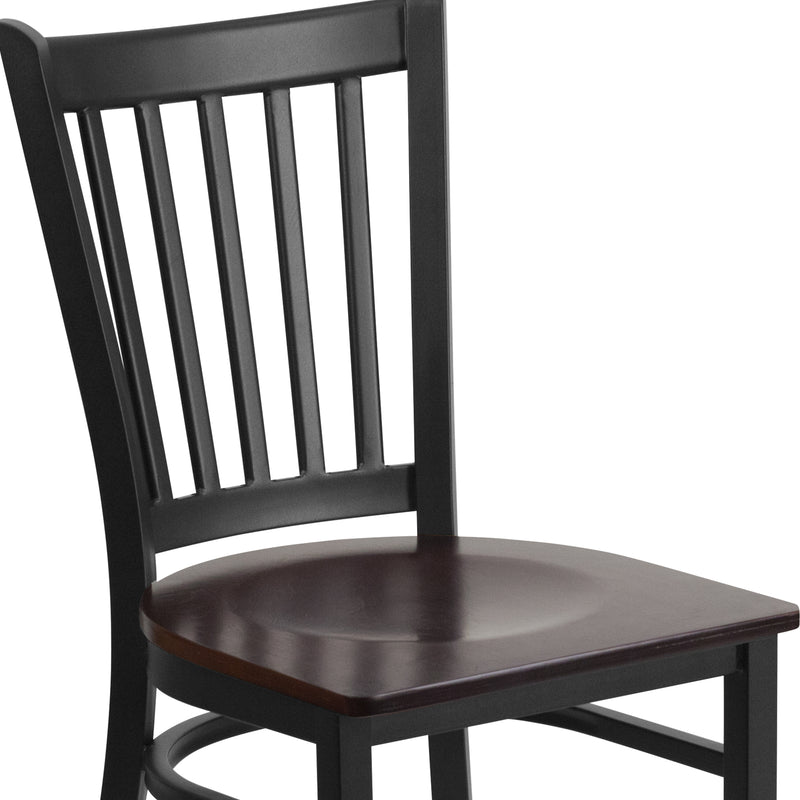 SINGLEWAVE Series Black Vertical Back Metal Restaurant Chair - Walnut Wood Seat