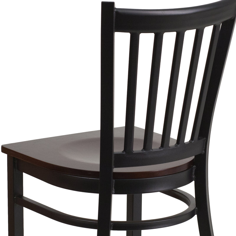 SINGLEWAVE Series Black Vertical Back Metal Restaurant Chair - Walnut Wood Seat