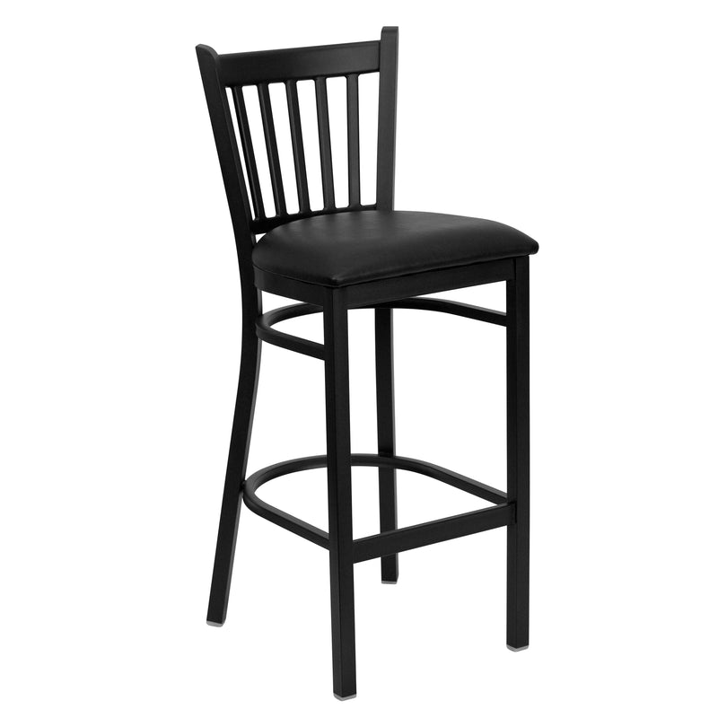 SINGLEWAVE Series Black Vertical Back Metal Restaurant Barstool - Black Vinyl Seat