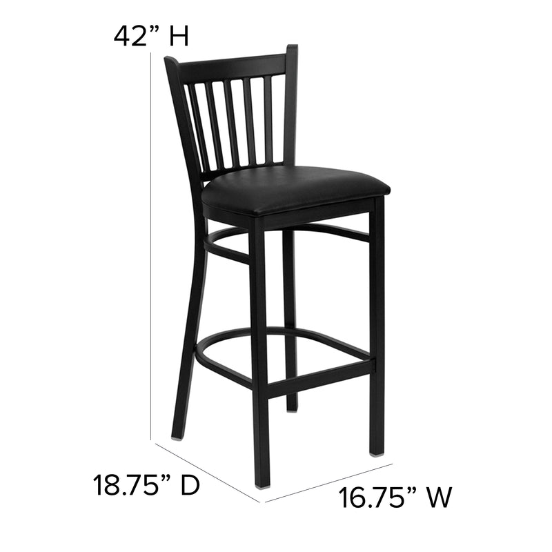 SINGLEWAVE Series Black Vertical Back Metal Restaurant Barstool - Black Vinyl Seat