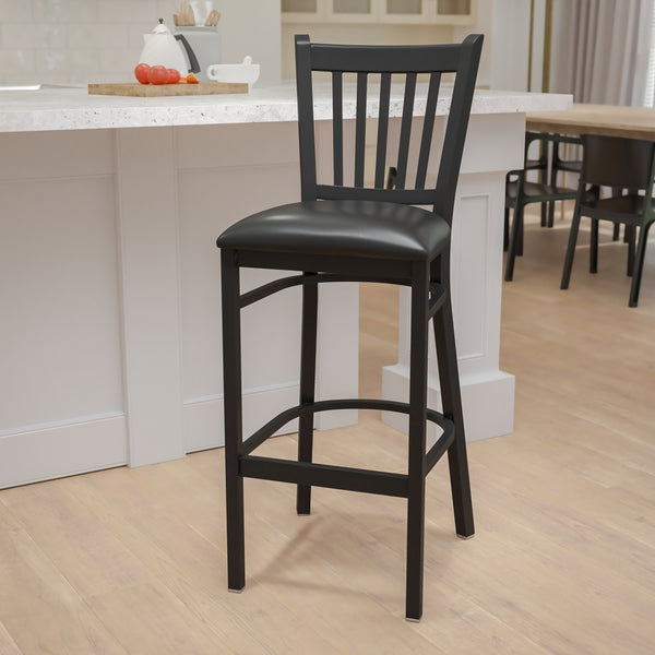 SINGLEWAVE Series Black Vertical Back Metal Restaurant Barstool - Black Vinyl Seat