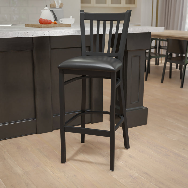 SINGLEWAVE Series Black Vertical Back Metal Restaurant Barstool - Black Vinyl Seat