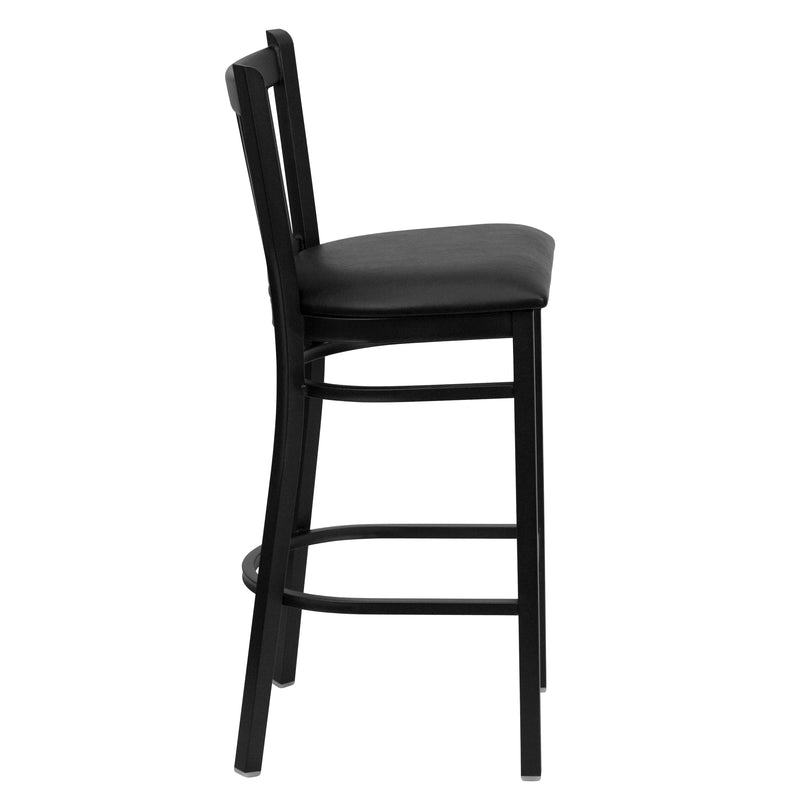 SINGLEWAVE Series Black Vertical Back Metal Restaurant Barstool - Black Vinyl Seat