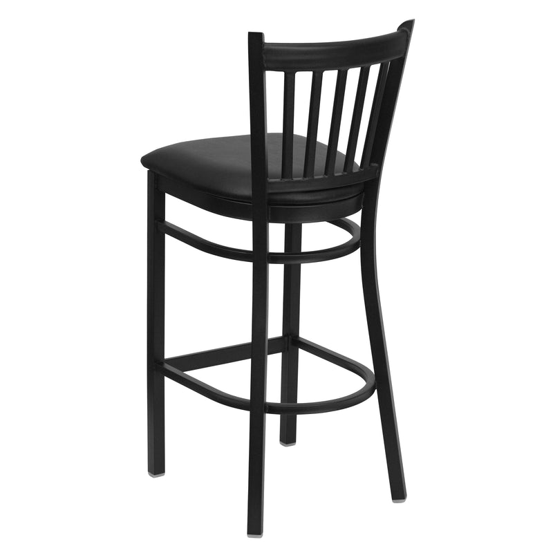 SINGLEWAVE Series Black Vertical Back Metal Restaurant Barstool - Black Vinyl Seat