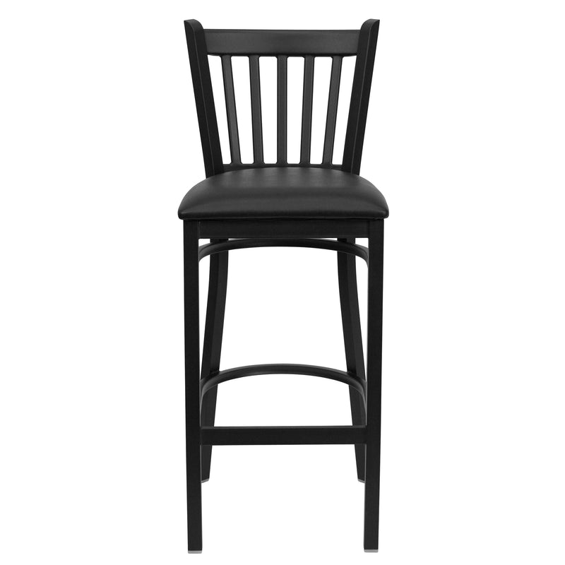 SINGLEWAVE Series Black Vertical Back Metal Restaurant Barstool - Black Vinyl Seat