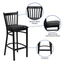 SINGLEWAVE Series Black Vertical Back Metal Restaurant Barstool - Black Vinyl Seat