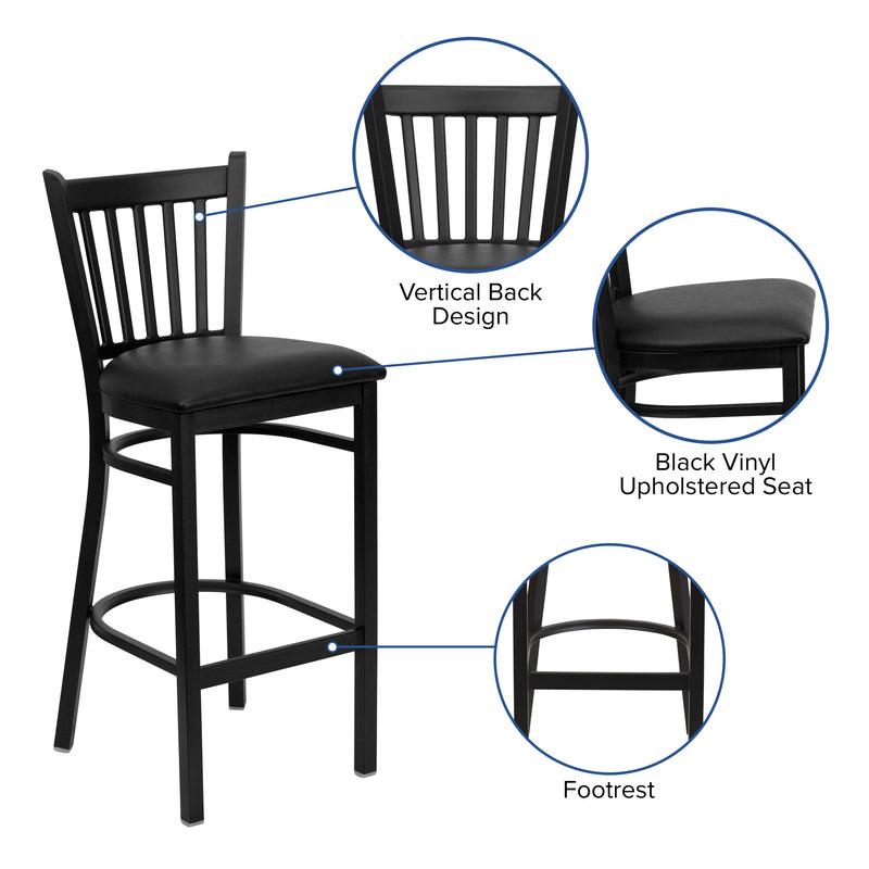 SINGLEWAVE Series Black Vertical Back Metal Restaurant Barstool - Black Vinyl Seat