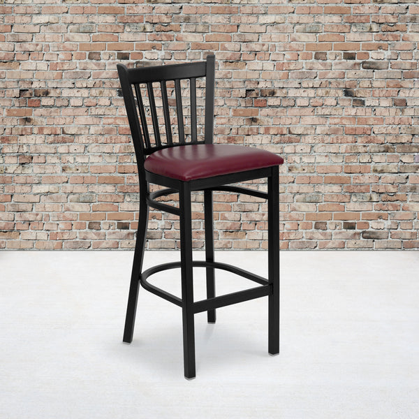 SINGLEWAVE Series Black Vertical Back Metal Restaurant Barstool - Burgundy Vinyl Seat