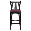 SINGLEWAVE Series Black Vertical Back Metal Restaurant Barstool - Burgundy Vinyl Seat