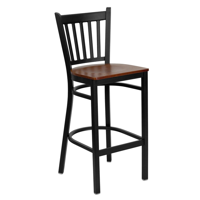 SINGLEWAVE Series Black Vertical Back Metal Restaurant Barstool - Cherry Wood Seat