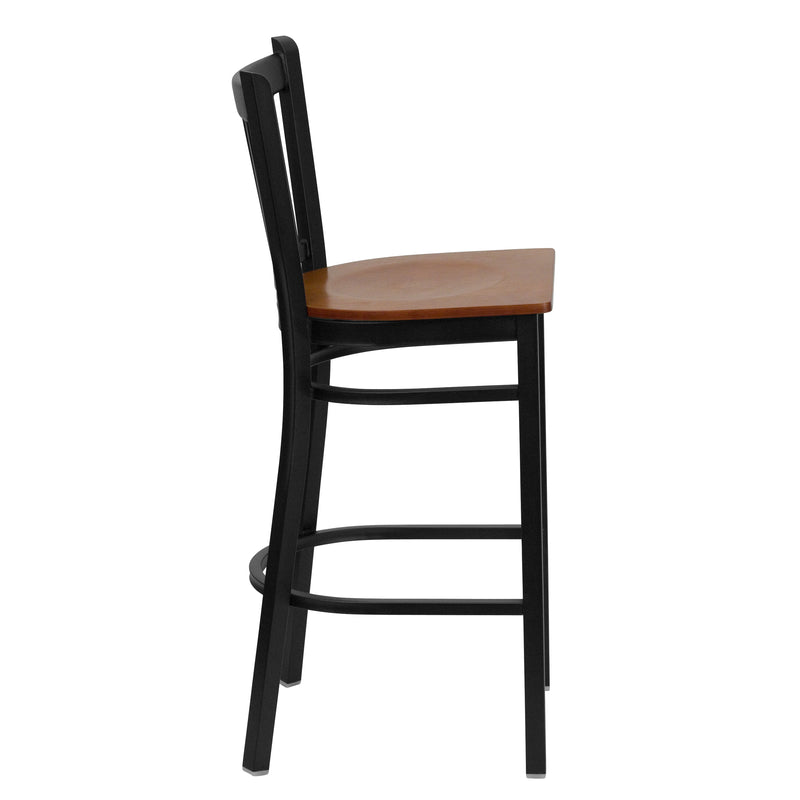 SINGLEWAVE Series Black Vertical Back Metal Restaurant Barstool - Cherry Wood Seat