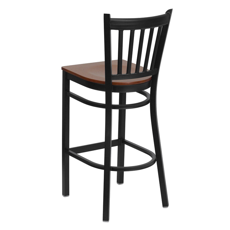 SINGLEWAVE Series Black Vertical Back Metal Restaurant Barstool - Cherry Wood Seat