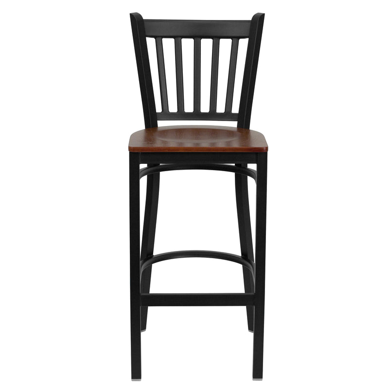 SINGLEWAVE Series Black Vertical Back Metal Restaurant Barstool - Cherry Wood Seat