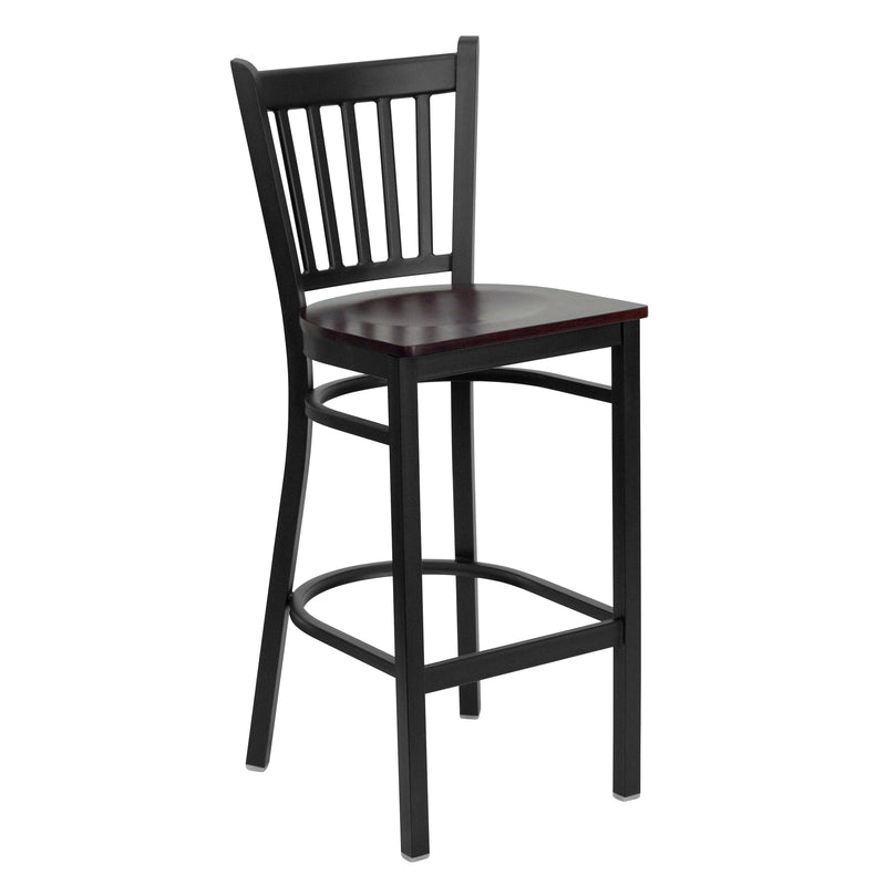 SINGLEWAVE Series Black Vertical Back Metal Restaurant Barstool - Mahogany Wood Seat