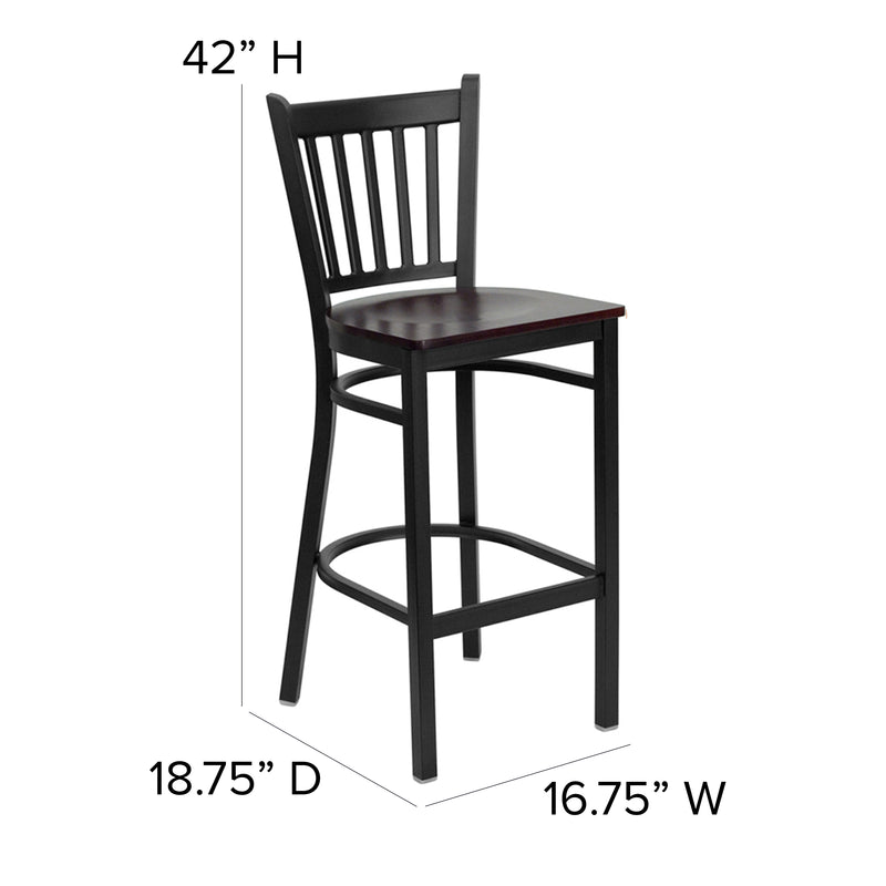 SINGLEWAVE Series Black Vertical Back Metal Restaurant Barstool - Mahogany Wood Seat