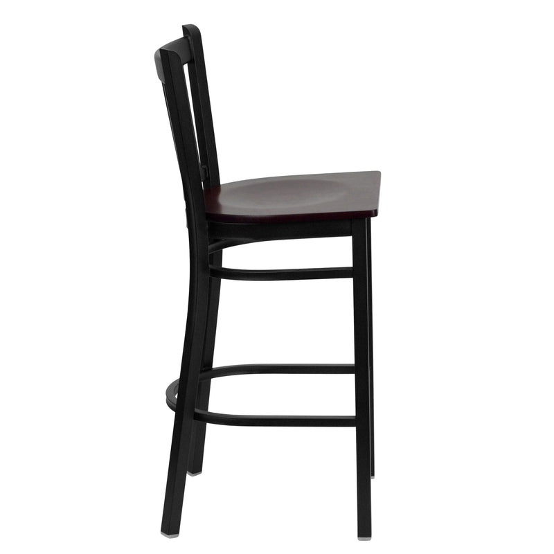 SINGLEWAVE Series Black Vertical Back Metal Restaurant Barstool - Mahogany Wood Seat