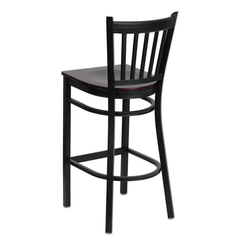 SINGLEWAVE Series Black Vertical Back Metal Restaurant Barstool - Mahogany Wood Seat