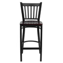 SINGLEWAVE Series Black Vertical Back Metal Restaurant Barstool - Mahogany Wood Seat