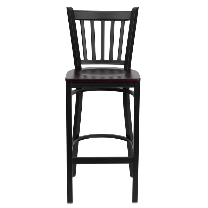 SINGLEWAVE Series Black Vertical Back Metal Restaurant Barstool - Mahogany Wood Seat