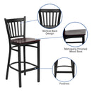 SINGLEWAVE Series Black Vertical Back Metal Restaurant Barstool - Mahogany Wood Seat