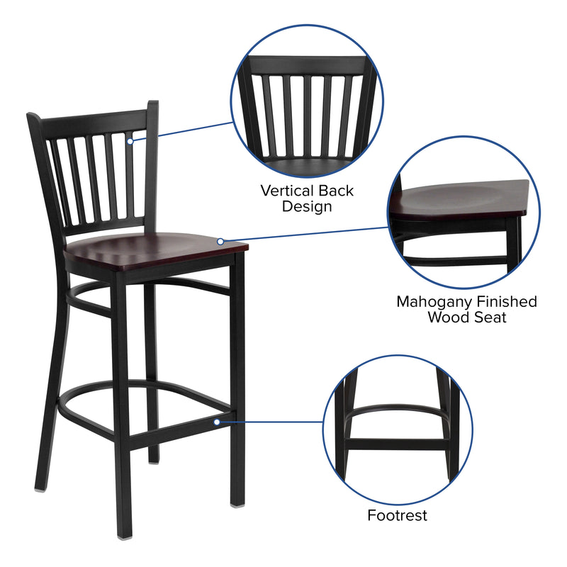 SINGLEWAVE Series Black Vertical Back Metal Restaurant Barstool - Mahogany Wood Seat