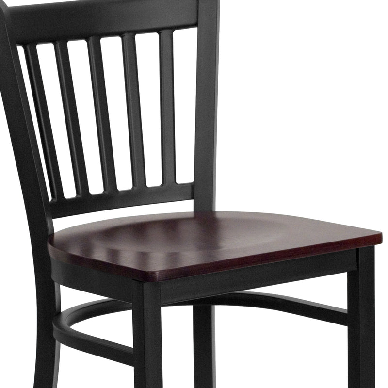 SINGLEWAVE Series Black Vertical Back Metal Restaurant Barstool - Mahogany Wood Seat