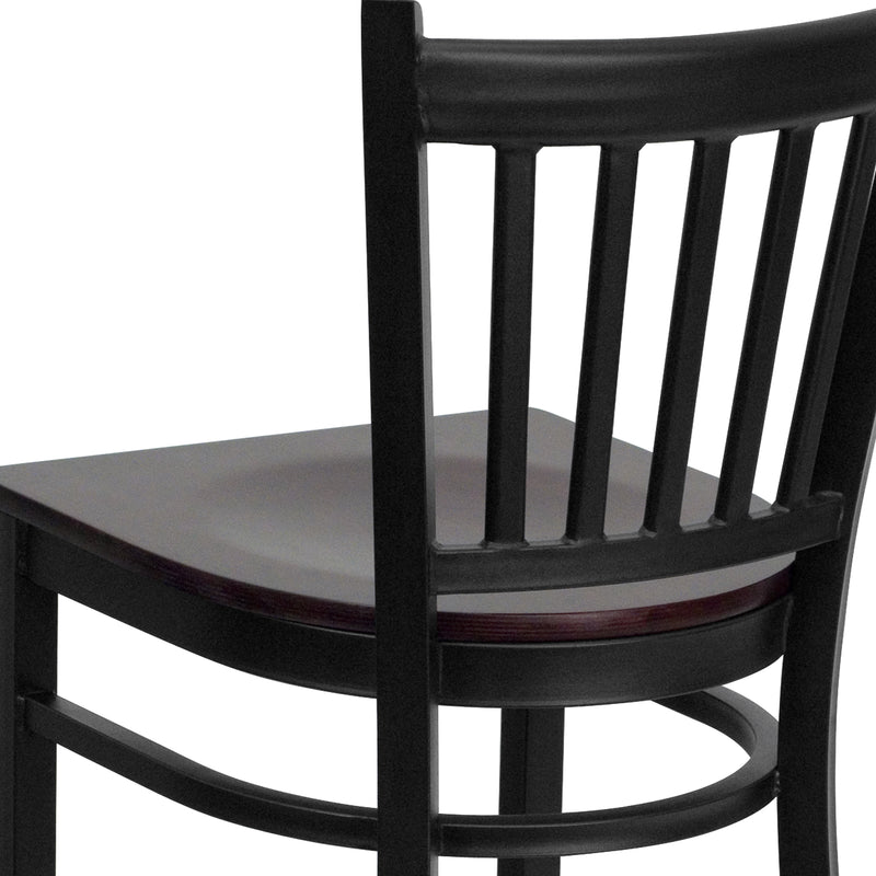 SINGLEWAVE Series Black Vertical Back Metal Restaurant Barstool - Mahogany Wood Seat