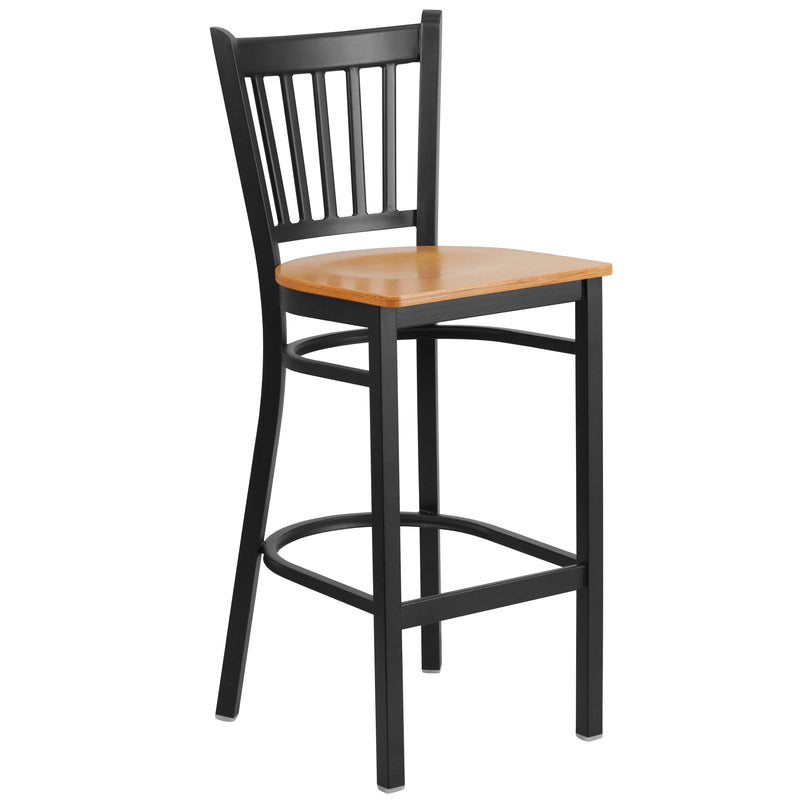 SINGLEWAVE Series Black Vertical Back Metal Restaurant Barstool - Natural Wood Seat