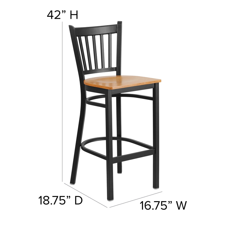 SINGLEWAVE Series Black Vertical Back Metal Restaurant Barstool - Natural Wood Seat