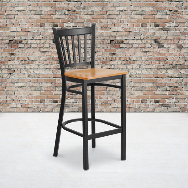 SINGLEWAVE Series Black Vertical Back Metal Restaurant Barstool - Natural Wood Seat