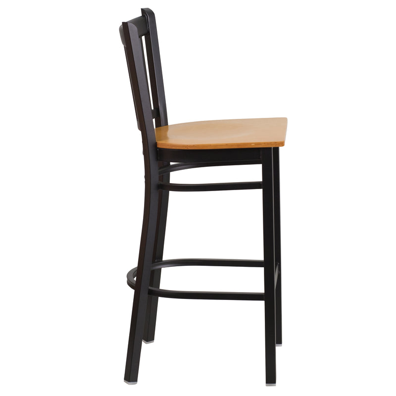 SINGLEWAVE Series Black Vertical Back Metal Restaurant Barstool - Natural Wood Seat