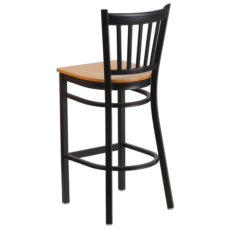 SINGLEWAVE Series Black Vertical Back Metal Restaurant Barstool - Natural Wood Seat